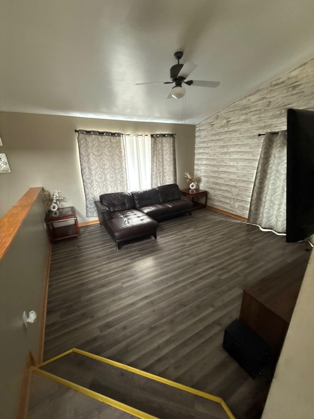 16161 6th St N, Lakeland, MN 55043 - living room with ceiling fan, wood finished floors, vaulted ceiling, and baseboards