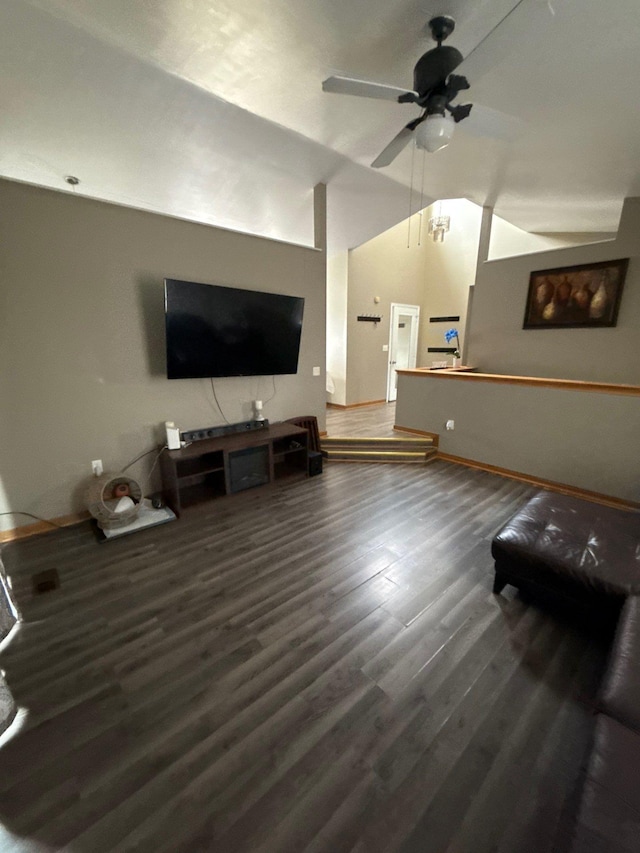 16161 6th St N, Lakeland, MN 55043 - living room featuring lofted ceiling, wood finished floors, a ceiling fan, and baseboards