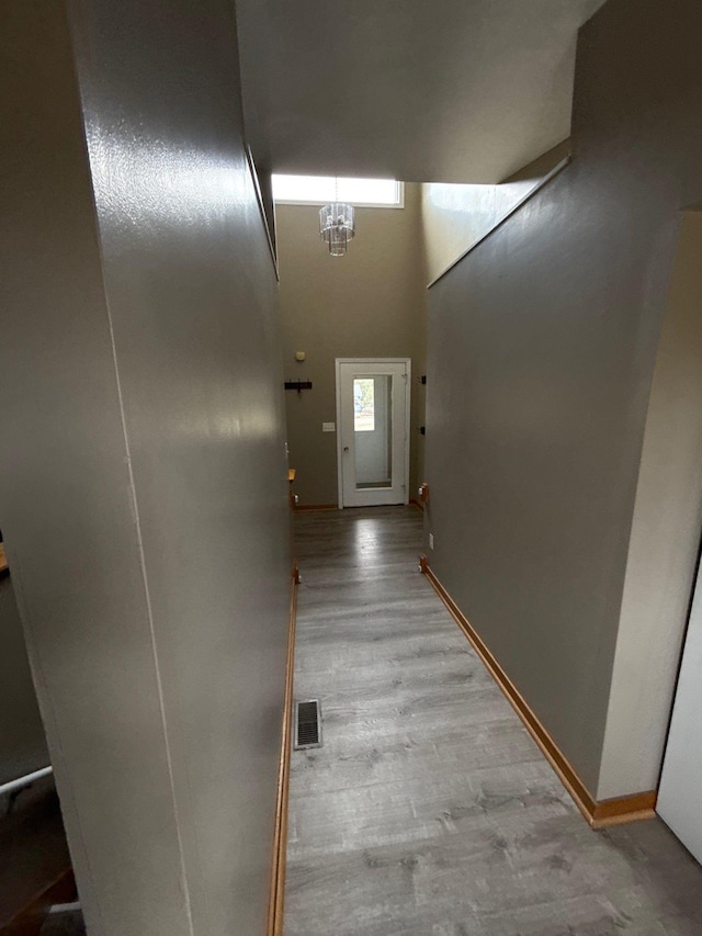 16161 6th St N, Lakeland, MN 55043 - corridor with a chandelier, light wood-style floors, a towering ceiling, plenty of natural light, and baseboards