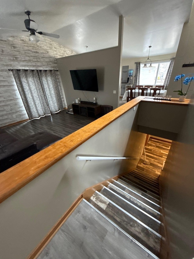 16161 6th St N, Lakeland, MN 55043 - stairs with ceiling fan, vaulted ceiling, and wood finished floors