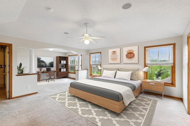 3613 Clare Downs Path, Rosemount, MN 55068 - bedroom featuring light carpet, baseboards, ornate columns, a textured ceiling, and arched walkways