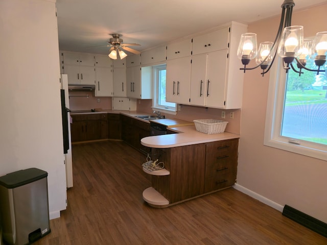 214 Central Ave, Truman, MN 56088 - kitchen with a sink, dark wood-type flooring, under cabinet range hood, and white cabinetry
