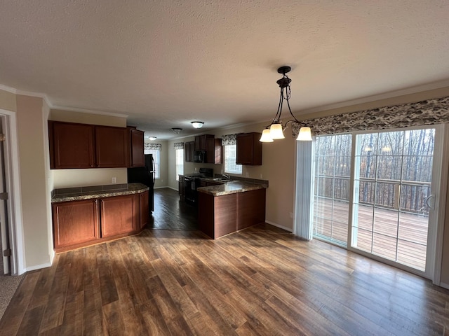 kitchen with dark wood-type flooring, crown molding, a textured ceiling, stone counters, and black electric range