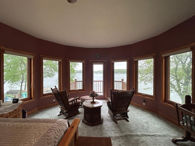 14620 Thomas Rd, Lake Park, MN 56554 - bedroom featuring a water view, light carpet, multiple windows, and access to outside