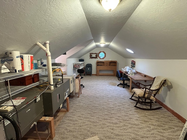 14620 Thomas Rd, Lake Park, MN 56554 - additional living space featuring baseboards, a textured ceiling, lofted ceiling, and carpet flooring