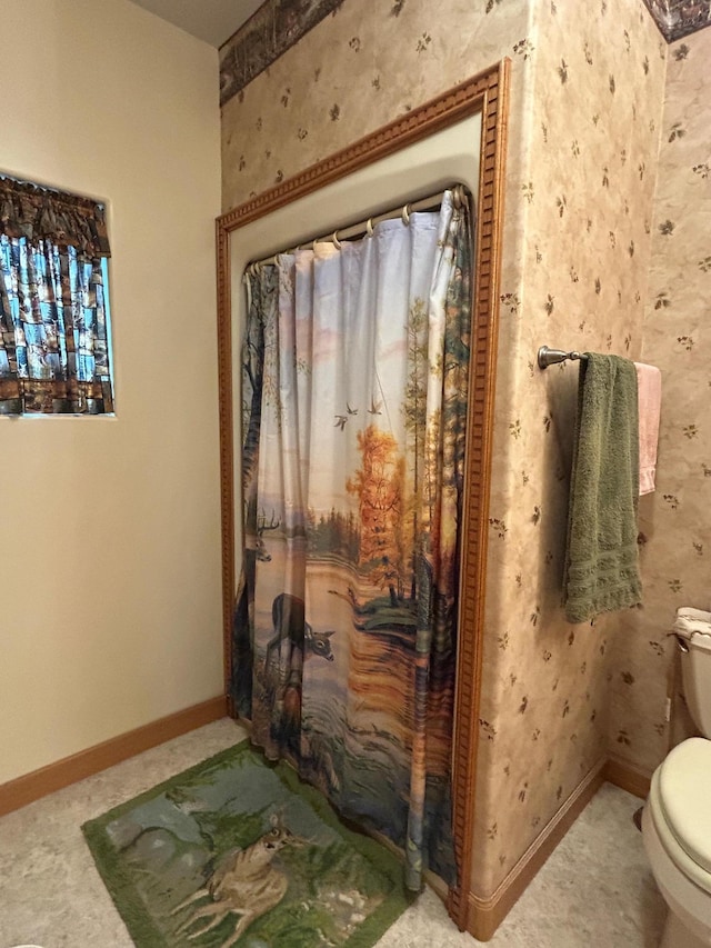 14620 Thomas Rd, Lake Park, MN 56554 - interior space with toilet, wallpapered walls, baseboards, and a shower with curtain