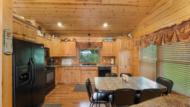 9231 Shady Haven Dr NW, Alexandria, MN 56308 - kitchen featuring black appliances, vaulted ceiling, light brown cabinetry, light wood finished floors, and wood ceiling