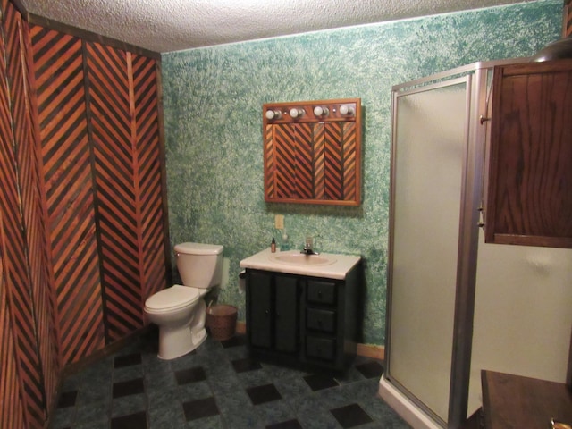 4054 Aspen Rd, Moose Lake, MN 55767 - bathroom with a stall shower, wallpapered walls, vanity, a textured ceiling, and tile patterned floors