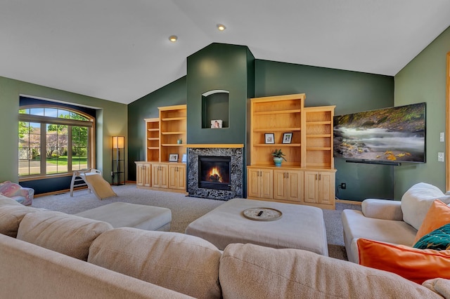 23807 Brendan Way, Rogers, MN 55374 - living room with carpet floors, high vaulted ceiling, a fireplace with flush hearth, baseboards, and recessed lighting