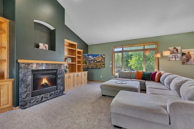 23807 Brendan Way, Rogers, MN 55374 - living area featuring light carpet, a high end fireplace, high vaulted ceiling, and baseboards