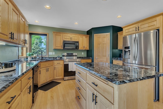 23807 Brendan Way, Rogers, MN 55374 - kitchen with black appliances, a sink, light brown cabinets, recessed lighting, and light wood-style flooring