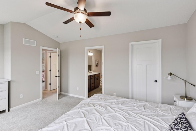 1049 Fabel Ln, Waconia, MN 55387 - bedroom featuring carpet flooring, vaulted ceiling, baseboards, connected bathroom, and ceiling fan