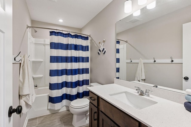 1049 Fabel Ln, Waconia, MN 55387 - bathroom featuring toilet, shower / bathtub combination with curtain, and vanity