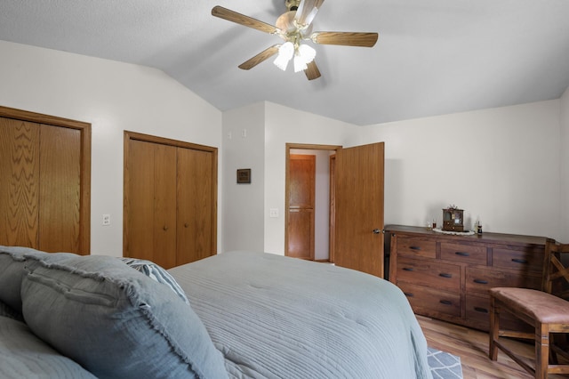 3062 196th Ave NE, East Bethel, MN 55011 - bedroom featuring lofted ceiling, light wood-style flooring, multiple closets, and ceiling fan