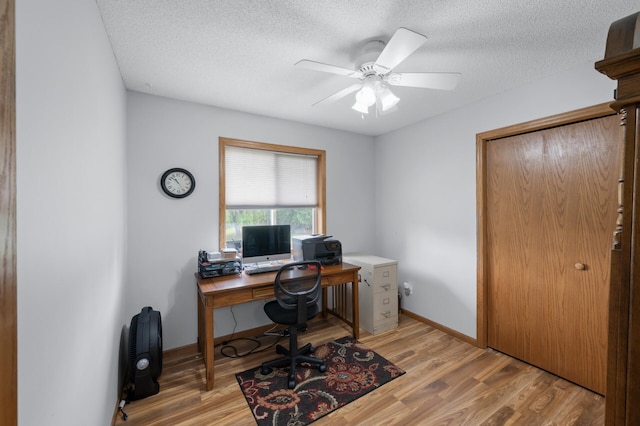 3062 196th Ave NE, East Bethel, MN 55011 - home office featuring light wood-style floors, a textured ceiling, ceiling fan, and baseboards