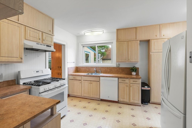 2708 Chowen Ave S, Minneapolis, MN 55416 - kitchen with white appliances, under cabinet range hood, light brown cabinets, a sink, and light floors