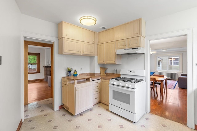 2708 Chowen Ave S, Minneapolis, MN 55416 - kitchen with white gas range, under cabinet range hood, radiator heating unit, and baseboards