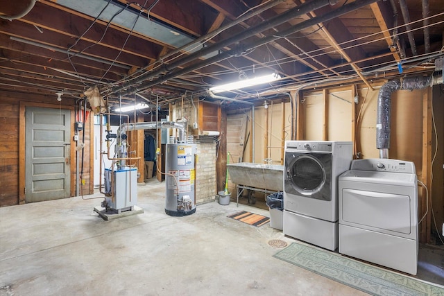 2708 Chowen Ave S, Minneapolis, MN 55416 - unfinished basement with gas water heater, washing machine and clothes dryer, a sink, and a heating unit