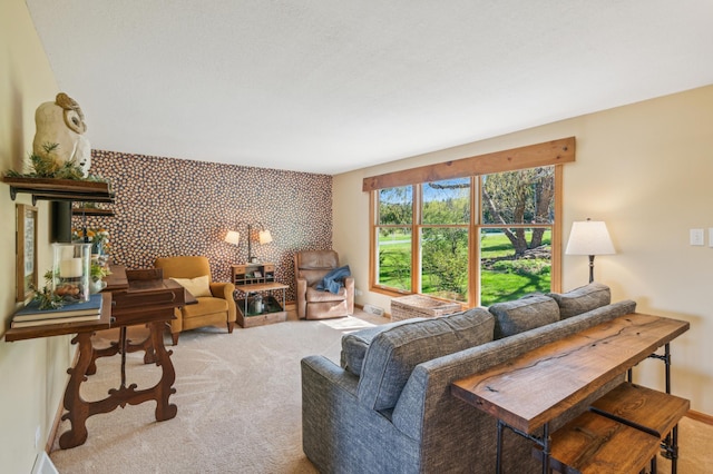 2929 170th St, Frederic, WI 54837 - carpeted living area featuring an accent wall and baseboards