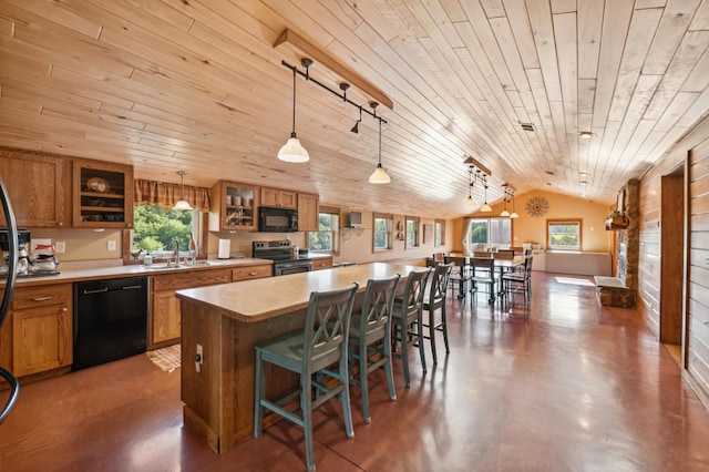 2929 170th St, Frederic, WI 54837 - kitchen featuring black appliances, wooden ceiling, a sink, brown cabinets, and lofted ceiling