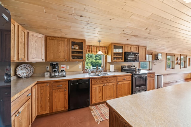 2929 170th St, Frederic, WI 54837 - kitchen with black appliances, wooden ceiling, a sink, glass insert cabinets, and light countertops