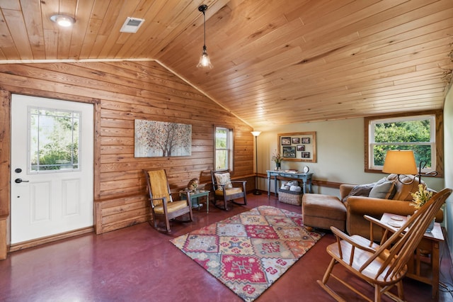 2929 170th St, Frederic, WI 54837 - living room with vaulted ceiling, healthy amount of natural light, wood ceiling, and wood walls