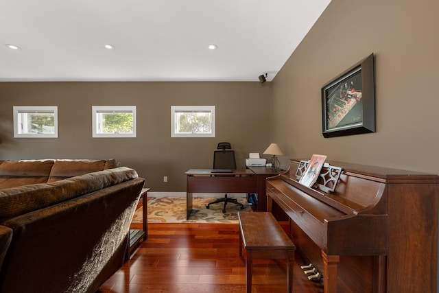 living room with dark wood-style floors, an office area, and recessed lighting
