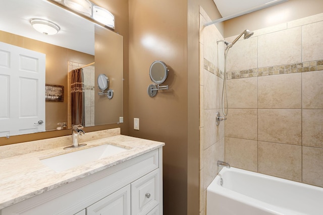 bathroom with shower / bathtub combination with curtain and vanity
