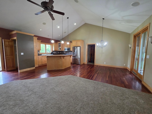 7390 360th St, North Branch, MN 55056 - kitchen featuring appliances with stainless steel finishes, open floor plan, a chandelier, dark wood-style flooring, and high vaulted ceiling
