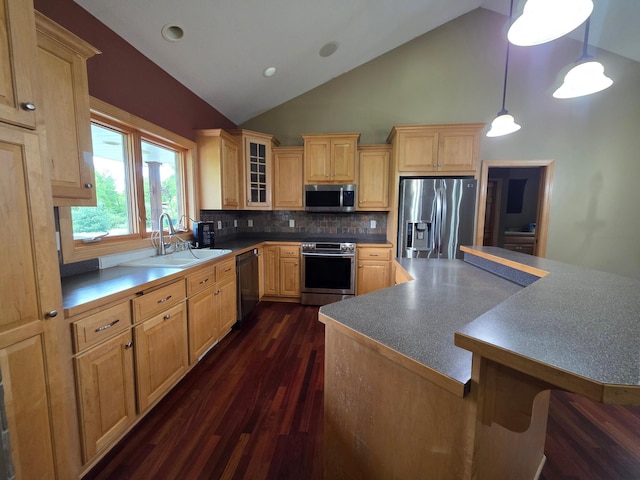 7390 360th St, North Branch, MN 55056 - kitchen featuring stainless steel appliances, a sink, dark wood-type flooring, light brown cabinetry, and tasteful backsplash
