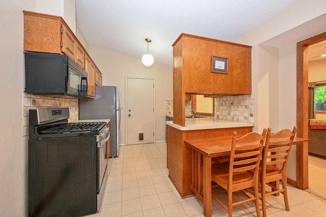 3760 Trenton Ln N, Plymouth, MN 55441 - kitchen with appliances with stainless steel finishes, tasteful backsplash, brown cabinetry, and light countertops