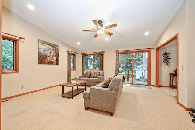 3760 Trenton Ln N, Plymouth, MN 55441 - carpeted living area with ceiling fan, lofted ceiling, and recessed lighting