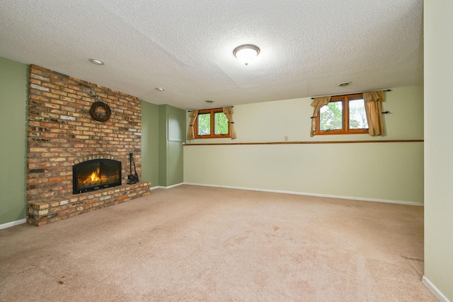 3760 Trenton Ln N, Plymouth, MN 55441 - unfurnished living room featuring carpet floors, a textured ceiling, and a fireplace