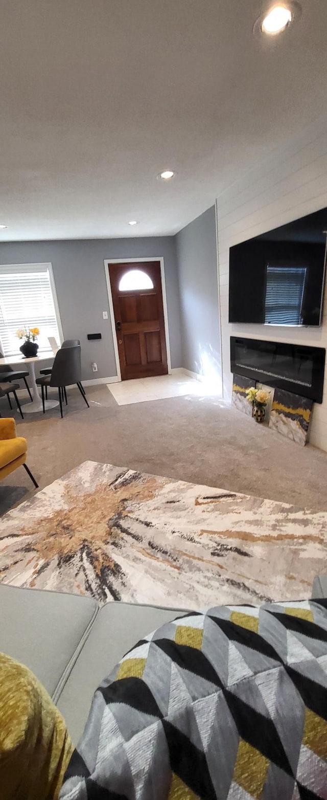 5252 Queen Ave N, Minneapolis, MN 55430 - carpeted living area with recessed lighting and a fireplace