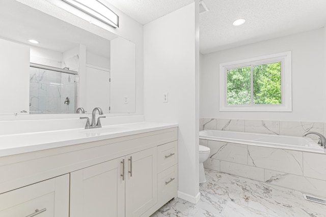 500 Ridge Ln, Chaska, MN 55318 - bathroom with a marble finish shower, marble finish flooring, a bath, vanity, and a textured ceiling