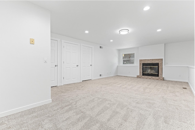 500 Ridge Ln, Chaska, MN 55318 - unfurnished living room with carpet, recessed lighting, baseboards, and a fireplace