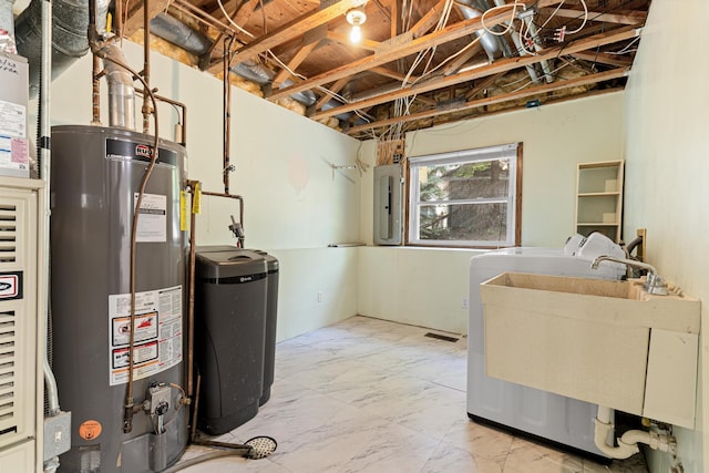 500 Ridge Ln, Chaska, MN 55318 - below grade area featuring gas water heater, electric panel, light marble finish floors, a water softener, and a sink