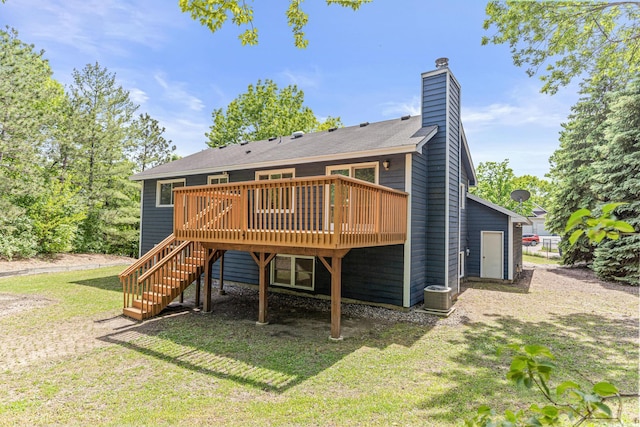 500 Ridge Ln, Chaska, MN 55318 - rear view of property with a wooden deck, a yard, stairway, a chimney, and central AC