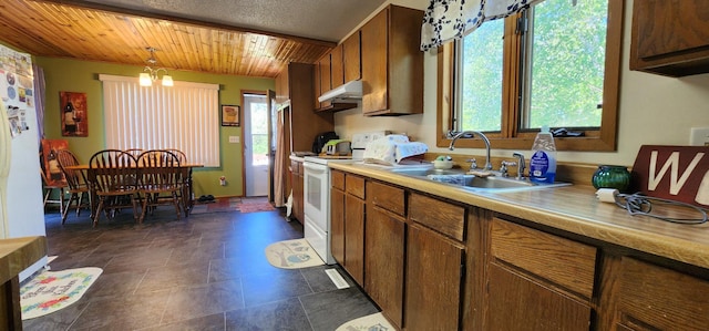 503 5th St SE, Staples, MN 56479 - kitchen with electric stove, a sink, under cabinet range hood, healthy amount of natural light, and wood ceiling
