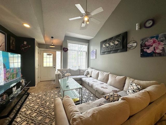 1784 Sandstone Curv, Shakopee, MN 55379 - living area with lofted ceiling, carpet floors, a ceiling fan, and a textured ceiling