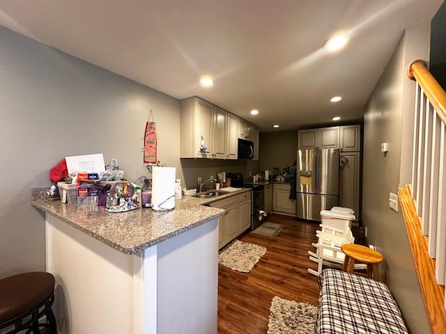 1784 Sandstone Curv, Shakopee, MN 55379 - kitchen with stainless steel refrigerator with ice dispenser, electric stove, black microwave, a peninsula, and dark wood-style floors