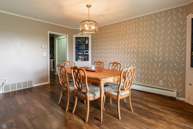 1513 40th Ave N, Moorhead, MN 56560 - dining room featuring baseboard heating, dark wood finished floors, a chandelier, ornamental molding, and baseboards