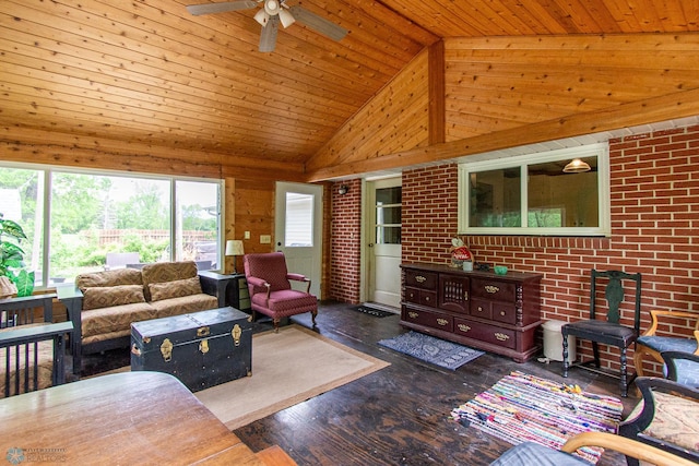 1513 40th Ave N, Moorhead, MN 56560 - living room featuring wooden ceiling, a ceiling fan, high vaulted ceiling, wood finished floors, and wood walls