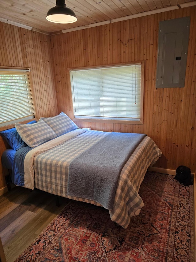 8137 Hoyt Ave SW, Victor Twp, MN 55349 - bedroom featuring electric panel, wood walls, wooden ceiling, and wood finished floors