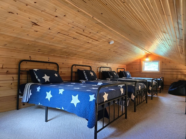8137 Hoyt Ave SW, Victor Twp, MN 55349 - bedroom featuring wooden walls, carpet, vaulted ceiling, and wood ceiling