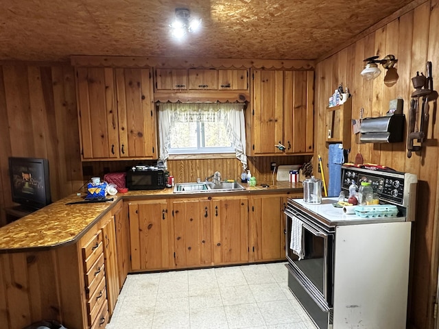 1529 Riddell Rd, Field Twp, MN 55723 - kitchen featuring range with electric stovetop, a sink, black microwave, brown cabinets, and wooden walls