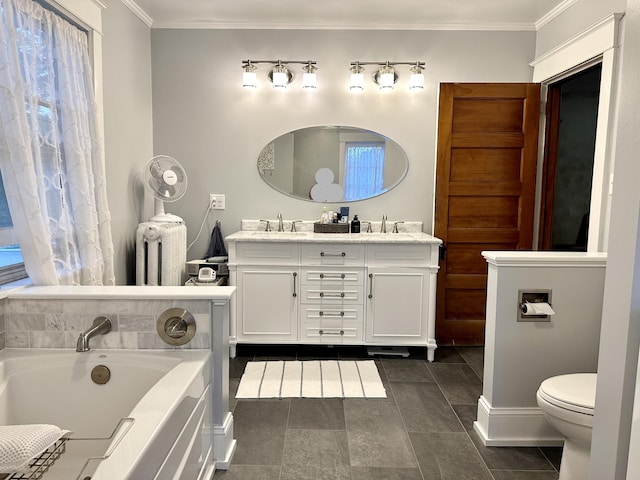 573 Rowland St, Tracy, MN 56175 - bathroom with double vanity, a garden tub, toilet, baseboards, and ornamental molding