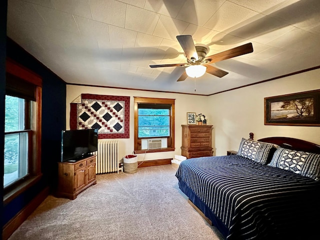 573 Rowland St, Tracy, MN 56175 - bedroom featuring radiator heating unit, carpet flooring, cooling unit, ornamental molding, and baseboards