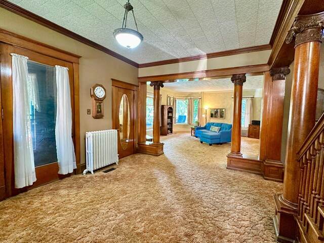 573 Rowland St, Tracy, MN 56175 - unfurnished bedroom featuring ornate columns, radiator, carpet floors, and crown molding