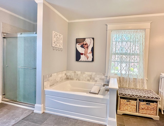 573 Rowland St, Tracy, MN 56175 - bathroom with a bath, tile patterned floors, a stall shower, and ornamental molding